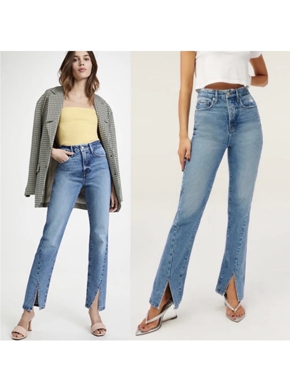 Good American Medium Wash Slit Hem High Rise Jeans
